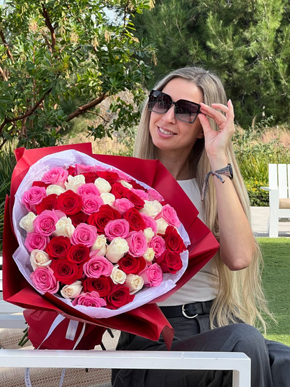 Bouquet  Red, Pink & White Roses - Best Seller
