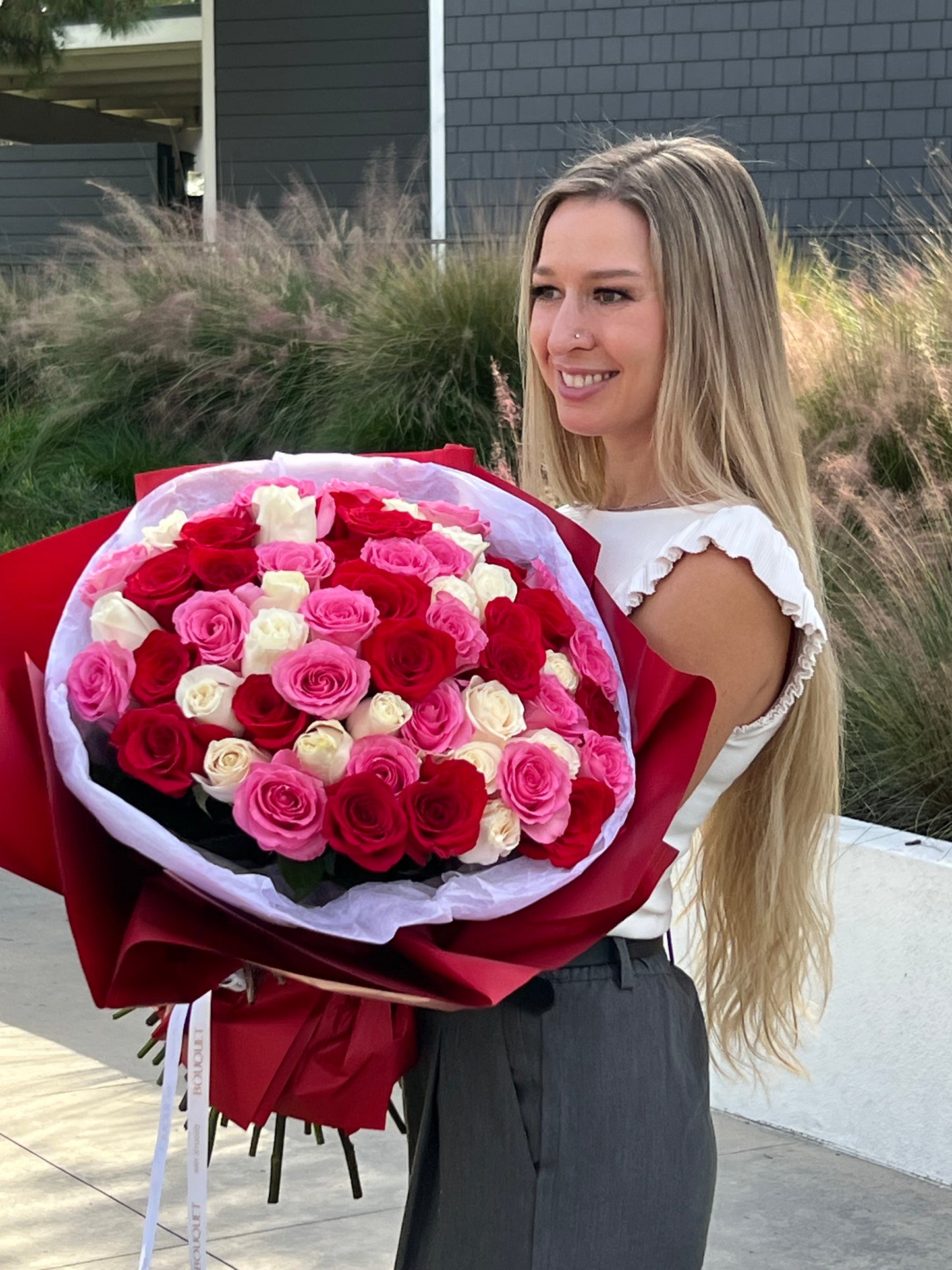 Bouquet  Red, Pink & White Roses - Best Seller