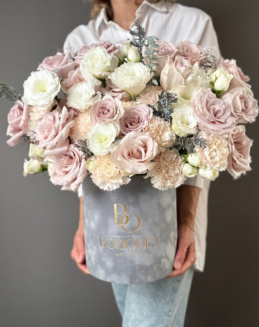 Flower Box Blush Roses, Lisianthus & Carnations