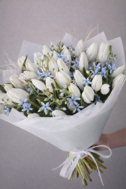 White or Pink Tulips Bouquet & Blue Flowers | Irvine Flower Delivery